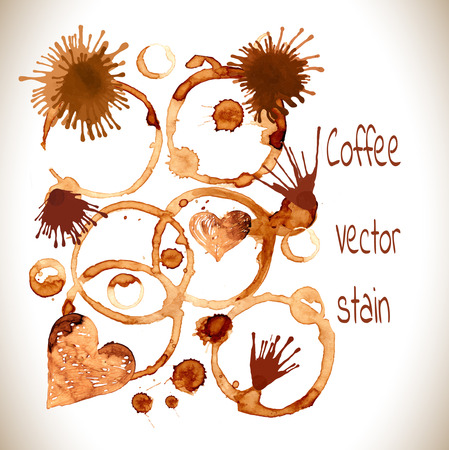 Coffee paint stains, splashes and harts isolated on white background. Coffee cup marks on white background.Vector Illustration.のイラスト素材