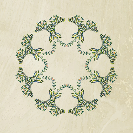 Hand Drawn vintage floral ornament. Illustration in folk style. Beautiful vector border with flowers in vintage style. Wood background. Vector floral background.のイラスト素材