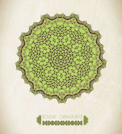 Green mandala. Round ornament pattern isolated on paper textureのイラスト素材