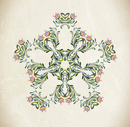 Hand Drawn vintage floral ornament. Illustration in folk style. Beautiful vector border with flowers in vintage style. Wood background. Vector floral background.のイラスト素材