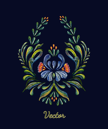 vintage floral ornament. Illustration in folk style on black background.  border with blue flowers in vintage style. floral background.のイラスト素材