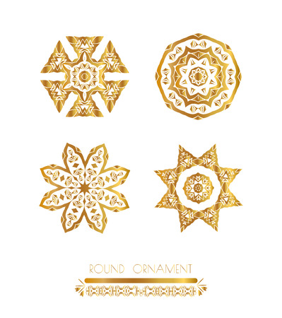 Set of golden round frames. Ornamental gold circle frames. Vintage round pattern. Filigree frame. Ornate label for designのイラスト素材