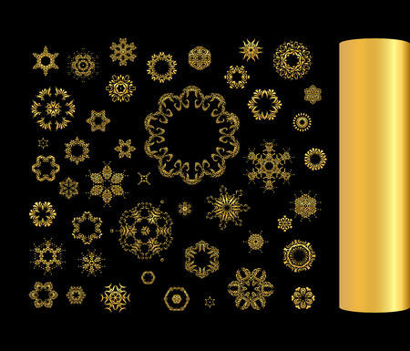 Gold circular ornament on black background. Golden patternのイラスト素材