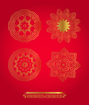 Vector set gold snowflakes on red backgroundのイラスト素材