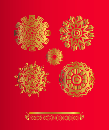 Collection of gold snowflakes on red backgroundのイラスト素材
