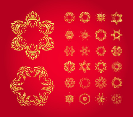 Set of beautiful different snowflakes isolated on redのイラスト素材