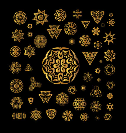 Ornamental golden round lace background. Ornament invitation card with mandala. Vintage decorative elements. Ethnic gold pattern.のイラスト素材