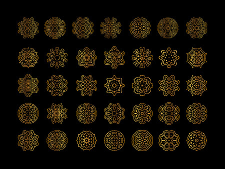 Vector illustration with vintage gold ornament. Golden vintage round patterns on black.のイラスト素材
