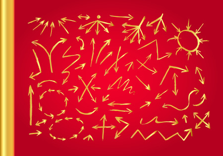 Metal gold arrow symbol. Glossy shapes with reflection on red backgroundのイラスト素材