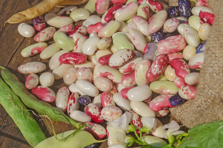 Butter bean or lima beans in burlap bag. Beans in sack top viewの写真素材