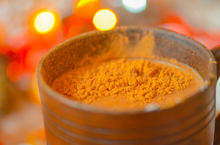 Cup of cocoa on a festive background.の写真素材