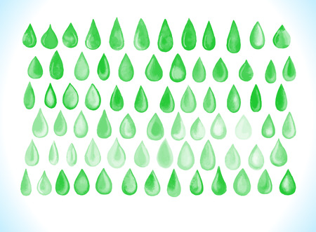 Colorful  green drops.  Set of abstract hand drawn watercolor drops isolated on white background.  Vector art  illustrationのイラスト素材