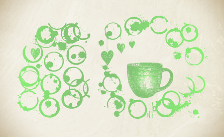 Tea painted with watercolor. A cup of tea isolated on white background. Green tea stain, cup rings.のイラスト素材