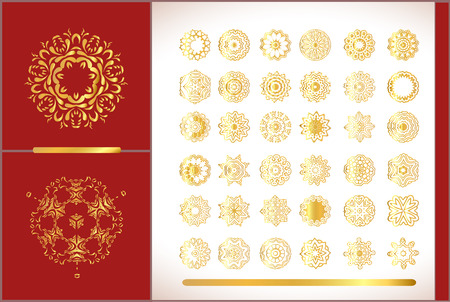Vector  gold design elements. Golden circular ornaments in oriental style. Concept unusual abstract luxury decor. Rich design elements.のイラスト素材