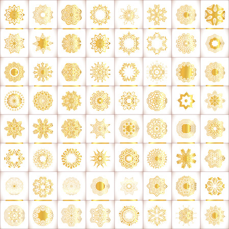 Vector templates with  gold and white mandala. Geometric logo template set.  Vector templates for  wedding design, kaleidoscope, medallion, india, arabic pattern.のイラスト素材