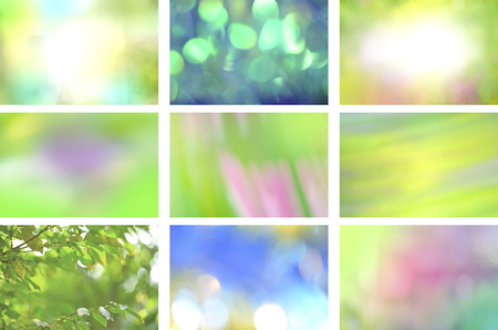 Collage of bokeh green grass and leaves. Beautiful green nature scene set.の写真素材