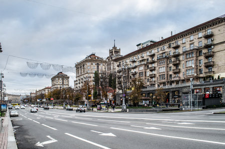 Kiev, Ukraine - October 29, 2017: View of central Khreschatyk street. Khreschatyk street is blocked for traffic on weekendsのeditorial素材