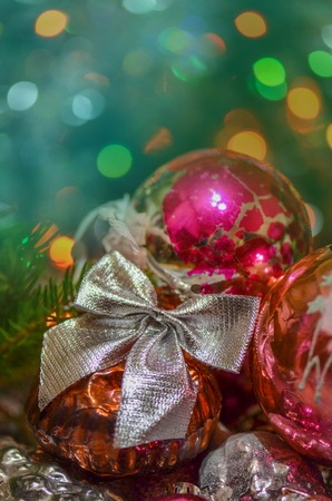 Christmas decoration toys and ornaments. Vintage Christmas ornaments. Vintage style colored picture.の写真素材