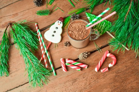 Winter hot drink. Copy space background. Cooking holiday drink. Cocoa  christmas decoration. Hot white chocolate and candy xmas decoration on wooden background. の写真素材