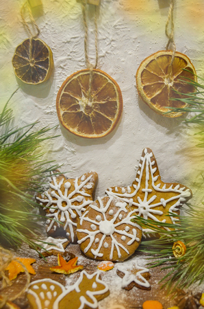 Christmas background on wooden board. Baked Christmas cookiesの写真素材