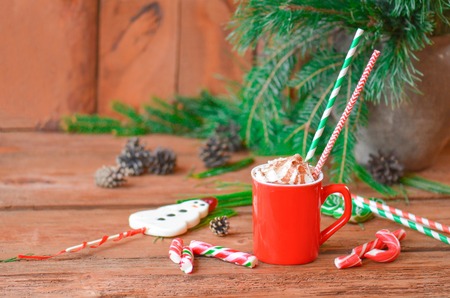 Hot chocolate with whipped cream. Homemade peppermint hot chocolate. Cup of hot cocoa with candy canes.の写真素材