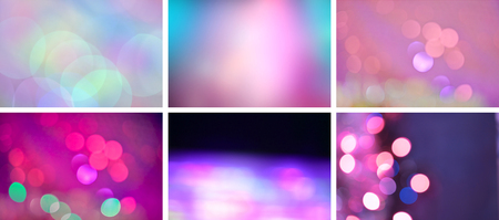 Purple bokeh out of focus background set. Violet bokeh abstract background