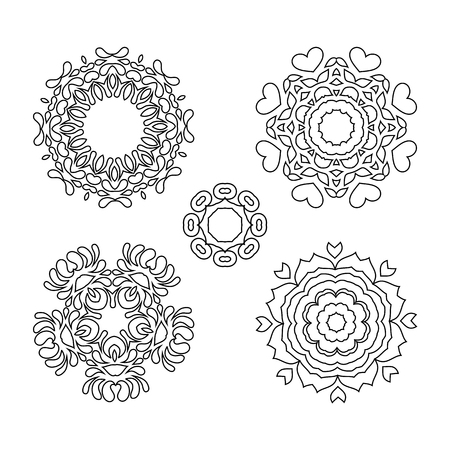 Mandala pattern black and white. Mandala black for coloring art. Arabic Indian Spain Chinese mystic vintage round mandala. Doodle ornamental  floral figures setのイラスト素材