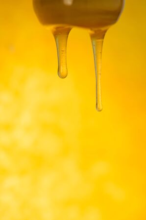 Stream of honey flows. Stream of pouring honey. Honey flowing from a wooden spoonの写真素材