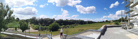 Nemyryntsi, Ukraine - July, 2019: Park with gardens, monuments and fountains in Nemyryntsi