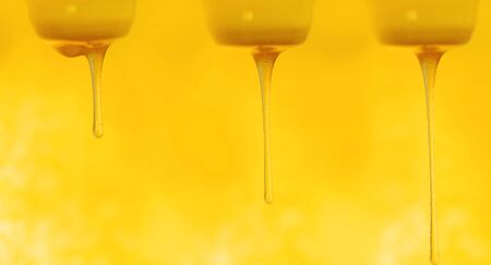 Dripping golden  honey. Orange honey splashes. Honey flow dropping. Wide format bannerの写真素材