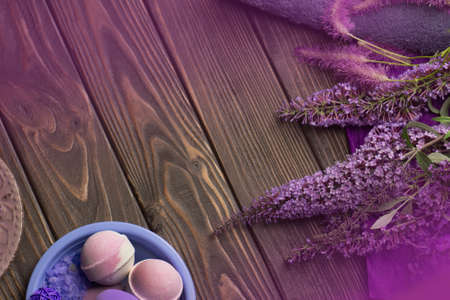 Beautiful spa composition. Bathroom or spa set on background. Flat lay composition with natural sea salt の写真素材