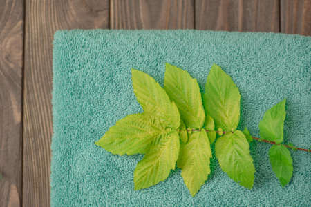 Bath towel on wooden background. Mint colored towel on dark background texture