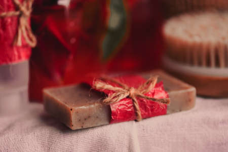 Handmade spa soap bars. Natural beauty products. Organic soap making. Handcrafted soap on white surfaceの写真素材