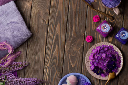 Products for body care spa. Ingredients for homemade salt scrub. Beautiful spa composition.の写真素材