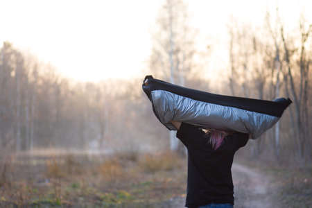 Happy freedom woman enjoying the breath of fresh clean air. Outdoor nature relax concept. Happy...
