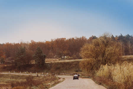 Colorful autumn landscape in Ukraine. Beautiful sunset in agricultural landscape, farmland near the...