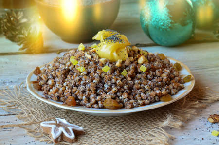 National Christmas table in Ukraine. Traditional Christmas food kutya.の写真素材