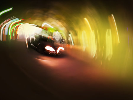 Blurred car driving fast in modern city night background. Defocused shot of car wheel drifting on night of city.の写真素材