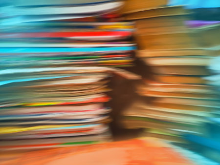 Book stack in the library room defocused background. Abstract blurred empty library interior space.の写真素材