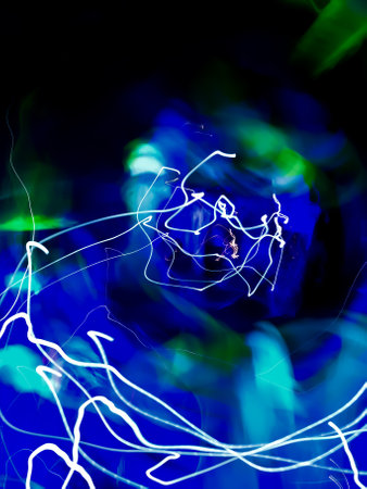 Space flight defocused lights background. space exploration concept blurred background