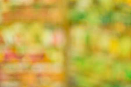 Supermarket aisle empty defocused bokeh motion background. Blurry effect defocused supermarket...