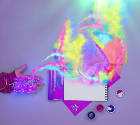 Cyber futuristic creativ art supplies on vibrant colorful aura effect background. Art supplies in a...