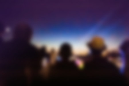 Crowd enjoying the music night festival. Joyful musicians and crowd of fans outdoors at night.の写真素材