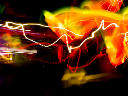 Abstract hitech background for display product with colorful bright neon glowing on charcoal dark...