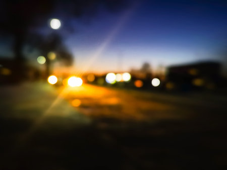 Blur effects car moves at fast speed. Blured neon glowing road with lights car on high speed.の写真素材