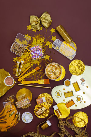 Organization and decoration of the party in golden tones. Gold glittering background. Abstract gold yellow party decor.の写真素材