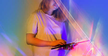 Person wearing augmented reality glasses for transition to virtual world. Hand touching metaverse universe.の写真素材