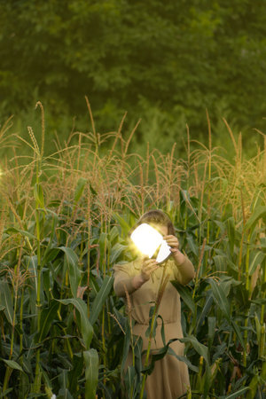Beautiful model girl posing at camera on morning sunrise over the corn field. Sustainable agriculture and natural and eco friendly products concept.の写真素材