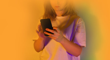 New era of neon bright minds at work. Beautiful young woman with digital tablet on modern technology...