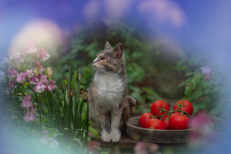 Red round tomatoes in a bowl and a cat on wooden background. Cottagecore style aestheticの写真素材